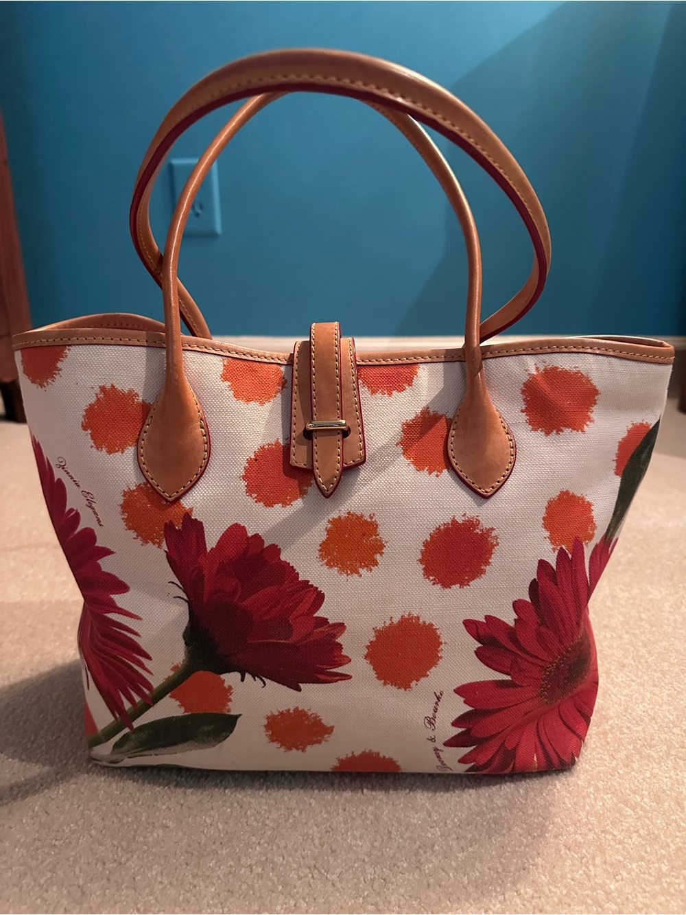 Dooney & Bourke Floral Canvas Shoulder /Tote Bag with Tan Leather Trim